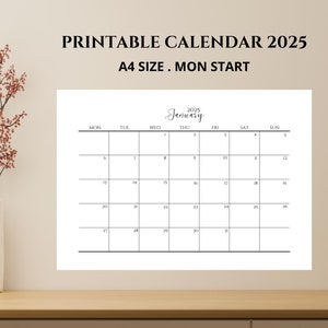 2025 Calendar, 2025 Monthly Planner, Landscape Elegant Monthly Calendar, Monday Start 2025, A4 Size Wall Calendar, PRINTABLE PDF