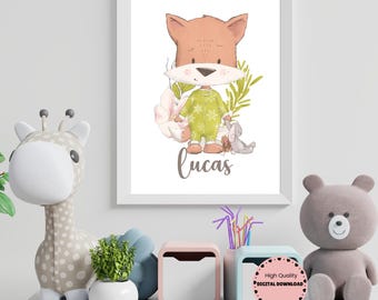 Personalized Little Fox Wall Art Print, Winter Nursery Decor, Custom Name Printable  Artwork
