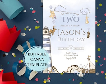 Sailor Bear Birthday Invitation: Nautical Party, Editable Canva Template