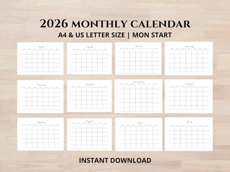 2026 Monthly Landscape Calendar, Minimalist Printable (PDF) - Etsy