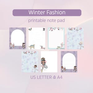 Puede incluir: Un bloc de notas imprimible con temática de moda de invierno. El diseño presenta ilustraciones de ropa de invierno y personajes. El texto "Winter Fashion" y "printable note pad" se muestra en una pancarta morada. El bloc de notas está disponible en tamaños US Letter y A4.