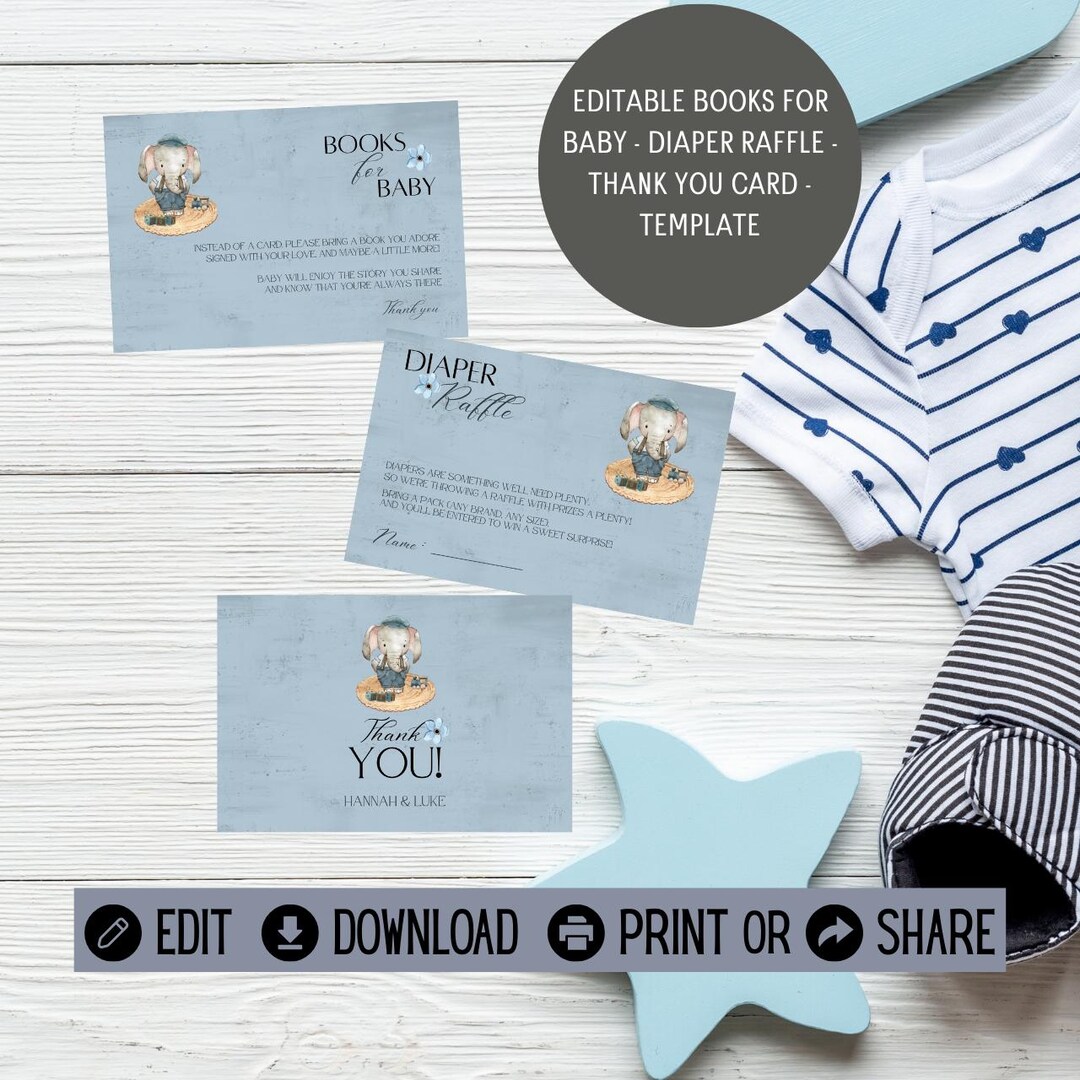 Elephant Baby Shower Cards: Books, Diaper Raffle, Thank You (canva  Template) - Etsy, image size:1080x1080