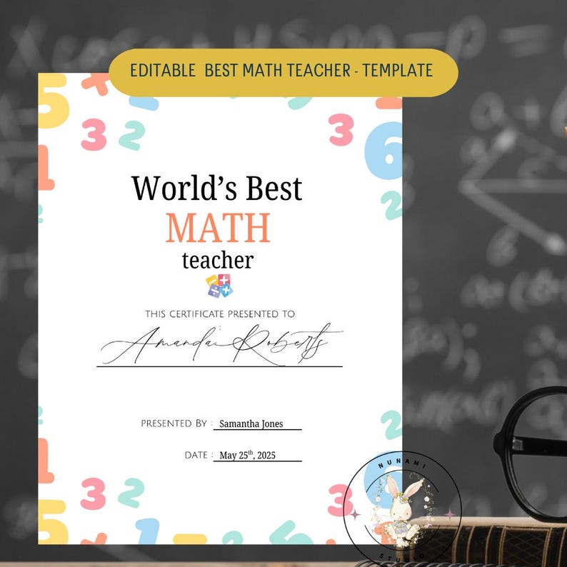 Editable Math Teacher Certificate Template: Printable Student Gift ...