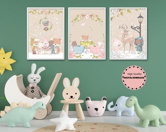 Winter Animals Nursery Art Prints, Soft Tones Décor (Digital Download)