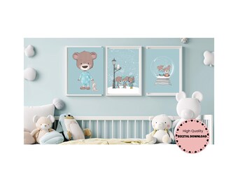 Winter Boy Bear Nursery Print – Cozy Woodland Decor