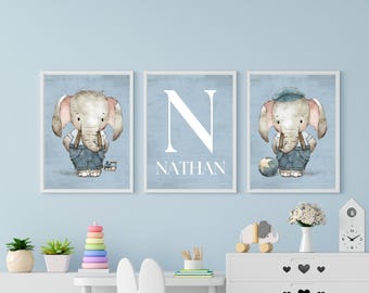 Personalized  Elephant Wall Art | Custom Name Printable Nursery Decor | Neutral Baby Room Print