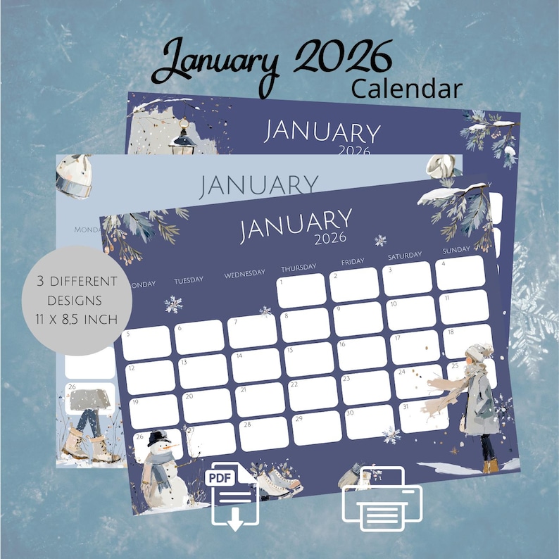 Calendrier d'hiver bleu janvier 2026 à imprimer Agenda mensuel — free download