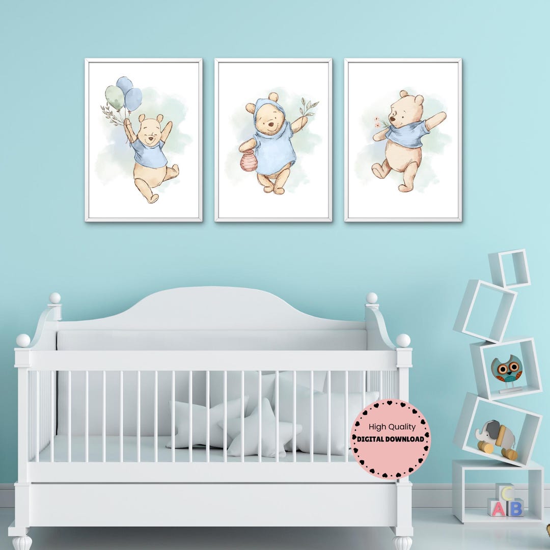 Bear Nursery Wall Decor Set of 3 – Classic Blue Nursery Art (digital ...