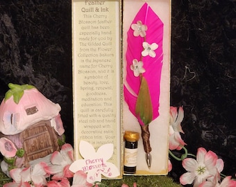 CHERRY BLOSSOM QUIiLL Pen & Cherry Scented Ink SET - Beauty - Love - Spring - Renewal - Meditation- Education -  Feather Pen