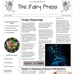 May include: A magazine cover with the title "The Fairy Press" in a whimsical font. The cover features illustrations of fairies, a mermaid, and a castle. The magazine is about faerie lore and events.