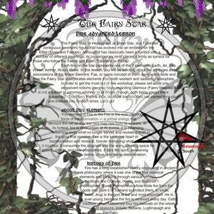 Peut inclure: Une impression numérique avec le texte "One Fairy Star" et des informations sur l'élément feu. Le design comprend une étoile à sept branches, des motifs floraux et les mots "Fire Advanced Lesson".