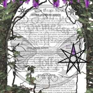 May include: Digital artwork with a seven-pointed star, text, and floral details. The text reads "The Faery Star" and discusses the Aether element and its significance in Faerie traditions. The colour scheme includes green, purple, and white.