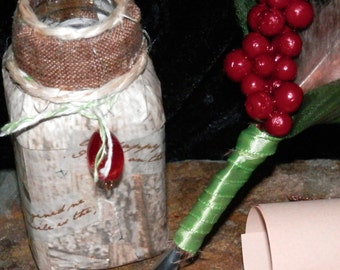 QUILL Pen ROWAN Berry Brown and Ink POT with Your Choice of Ink,  Handmade, Spell, Pagan, Wicca, Fairy, Nature, Druid