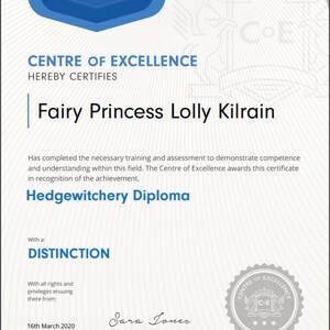 May include: A certificate of completion for a Hedgewitchery Diploma awarded to Fairy Princess Lolly Kilrain by the Centre of Excellence. The certificate is dated March 16, 2020 and signed by Sara Jones, Director. The certificate states that the recipient has completed the necessary training and assessment to demonstrate competence and understanding within this field. The certificate is awarded with a Distinction.