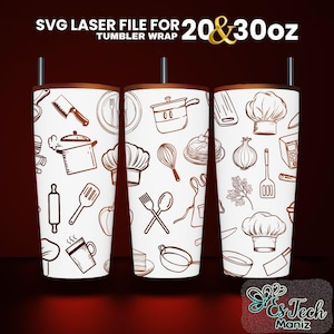 May include: SVG laser file for 20 and 30 ounce tumbler wraps. The design features a white background with brown outlines of various kitchen items, including a chef's hat, a rolling pin, a whisk, a spatula, a pot, a pan, and a mug.