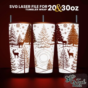May include: SVG laser file for 20 & 30 oz tumbler wrap featuring a winter scene with a white background, brown trees, snowflakes, and deer. The design is perfect for creating custom tumblers.