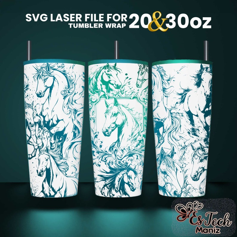 Puede incluir: Archivo SVG l&aacute;ser para envoltura de vaso de 20 y 30 oz con un dise&ntilde;o blanco y azul de caballos con detalles florales.