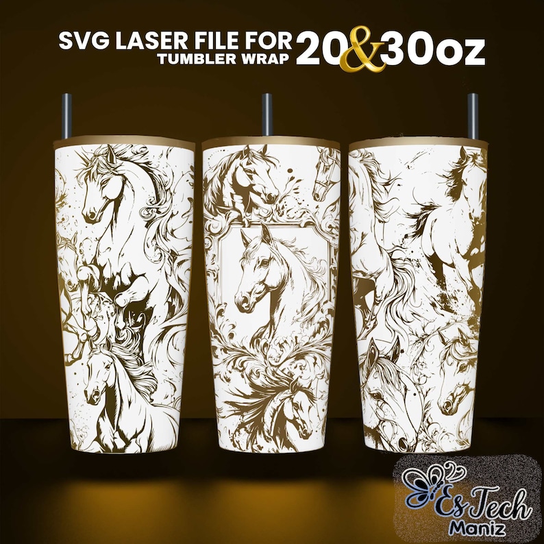 Puede incluir: Archivo SVG l&aacute;ser para envoltura de vaso de 20 y 30 oz con fondo blanco y dise&ntilde;o en blanco y negro de caballos y patrones florales.