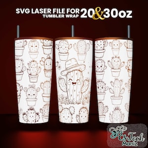 Cute Cactus Laser Engraved Full Wrap Design For 20 and 30 Tumbler, Cactus Tumbler Laser File SVG, SVG For Laser Rotary