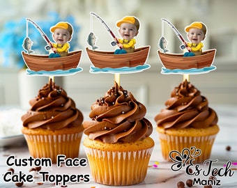 Fischen Gesicht Cupcake Toppers: Personalisierte Geburtstagsdekoration (Digital)