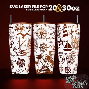 May include: Three white tumblers with a nautical theme design. The tumblers are decorated with brown images of a lighthouse, a compass, a sailboat, a crab, a turtle, a palm tree, an anchor, and a life preserver. The tumblers are for 20 and 30 ounces.