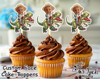 Dinosaurier Gesicht Cupcake Toppers: Personalisierte Geburtstag Dekoration (Digitaler Download)