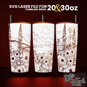 Wildblumenbecher Laser gravierte SVG: Nahtloses Blumenmuster (20oz & 30oz Tumbler)