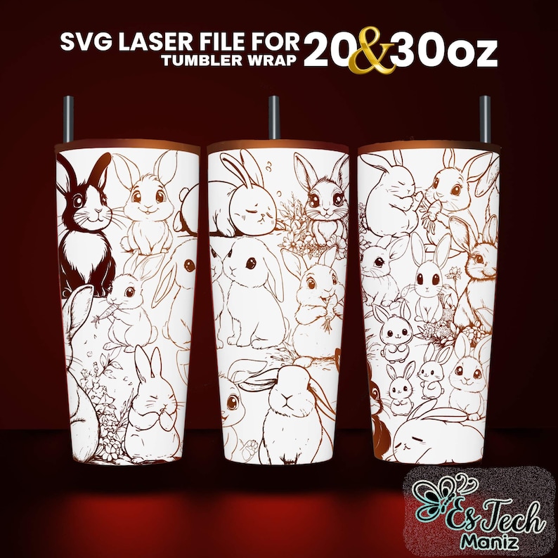 K&ouml;nnte beinhalten: SVG-Laserdatei f&uuml;r einen 20 & 30 oz Tumbler-&Uuml;berzug mit einem Design aus mehreren Kaninchen in einem Schwarzwei&szlig;-Umriss-Stil.
