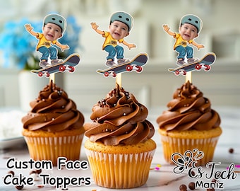 Skateboard Gesicht Cupcake Toppers: Personalisierte Geburtstags Dekoration (Digital)