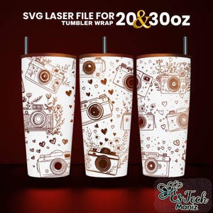 May include: A white tumbler wrap design featuring a pattern of cameras, hearts, and floral elements. The design is for 20 and 30 ounce tumblers. The text "SVG LASER FILE FOR 20&30oz TUMBLER WRAP" is at the top of the image.