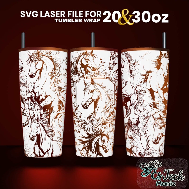 Puede incluir: Archivo SVG l&aacute;ser para envoltura de vaso de 20 y 30 oz con fondo blanco y dise&ntilde;o en blanco y negro de caballos y elementos florales.