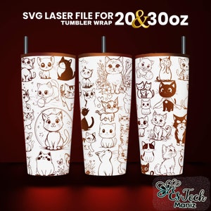 Niedliche Katzen Laser gravierte Full Wrap Design für 20 und 30 Becher, Katzenbecher Laser-Datei SVG, SVG für Laser Rollschneider
