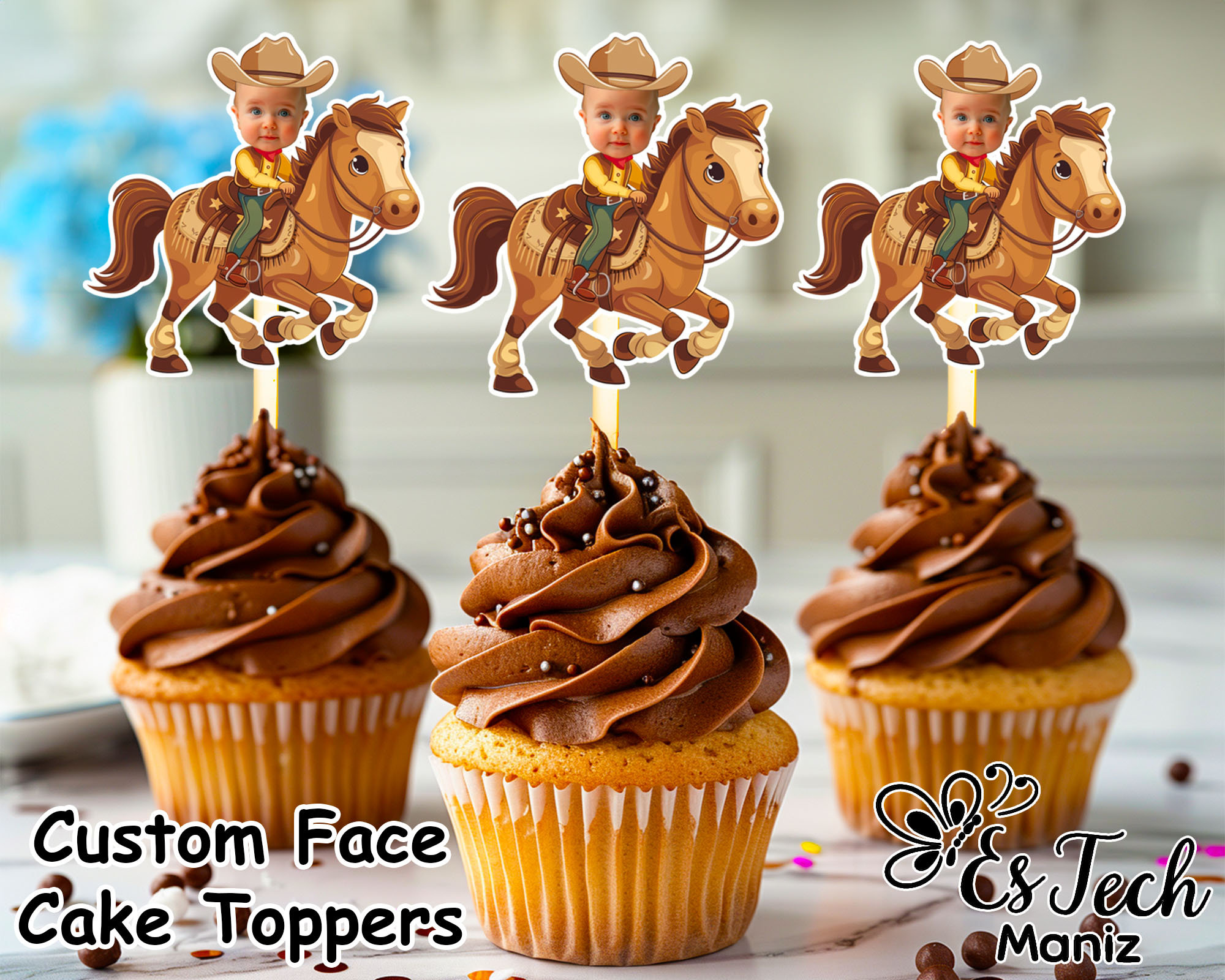 Personalisierte Cowboy Gesicht Cupcake Toppers: Individuelle Geburtstagsdekoration (Digitale Datei)