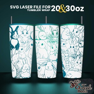 K&ouml;nnte beinhalten: SVG-Laserdatei f&uuml;r einen 20 & 30 oz Tumbler-Wrap mit einem Design aus mehreren Hasen in einem Teal- und Wei&szlig;-Farbschema.