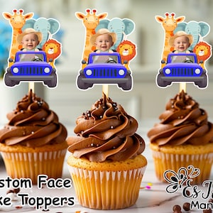 Safari Car Face Cupcake Toppers: Personalized Birthday Decor (Digital)
