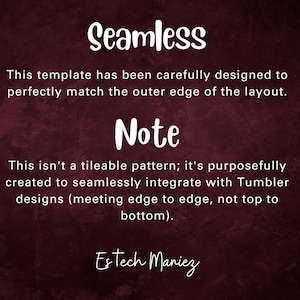 Puede incluir: Texto sobre un fondo rojo oscuro que dice "Seamless" y "Note". El texto explica que esta plantilla est&aacute; dise&ntilde;ada para integrarse a la perfecci&oacute;n con los dise&ntilde;os de Tumblr, uni&eacute;ndose de borde a borde, no de arriba a abajo. El texto est&aacute; firmado "Estech Maniez".