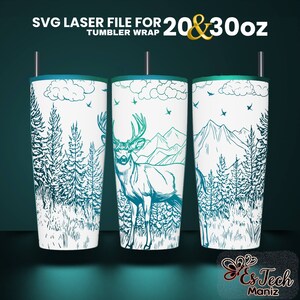 May include: SVG laser file for 20 & 30 oz tumbler wrap featuring a white deer with antlers standing in a forest with mountains in the background. The design has a blue and green gradient.