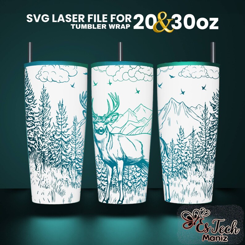 May include: SVG laser file for 20 & 30 oz tumbler wrap featuring a white deer with antlers standing in a forest with mountains in the background. The design has a blue and green gradient.