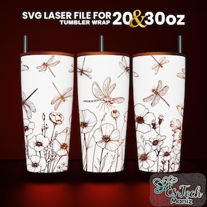 Dragonfly Laser Engraved Full Wrap Design For 20 and 30 Tumbler, Dragonfly Tumbler Laser File SVG, SVG For Laser Rotary, Seamless Design