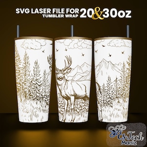 May include: SVG laser file for 20 & 30 oz tumbler wrap featuring a white background with a gold outline of a deer in a forest setting with mountains in the background.