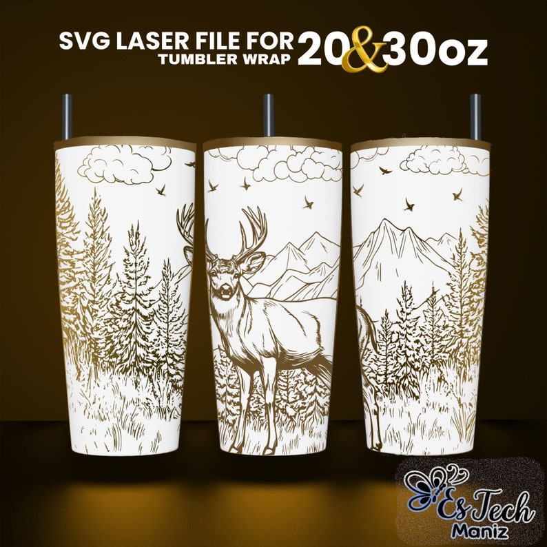 May include: SVG laser file for 20 & 30 oz tumbler wrap featuring a white background with a gold outline of a deer in a forest setting with mountains in the background.