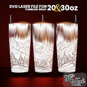 Puede incluir: Archivo SVG láser para envoltura de vaso de 20 y 30 oz con una cordillera de montañas con árboles y un fondo blanco con un degradado marrón.