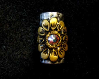 Dread Bead Gold Flowers with Austrian Crystals on Silver Base Bead  You Choose Hole Size