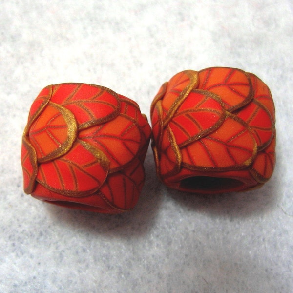 Dread Beads Red and Orange Leaf  Set of 2   Matte Finish You Choose Hole Size