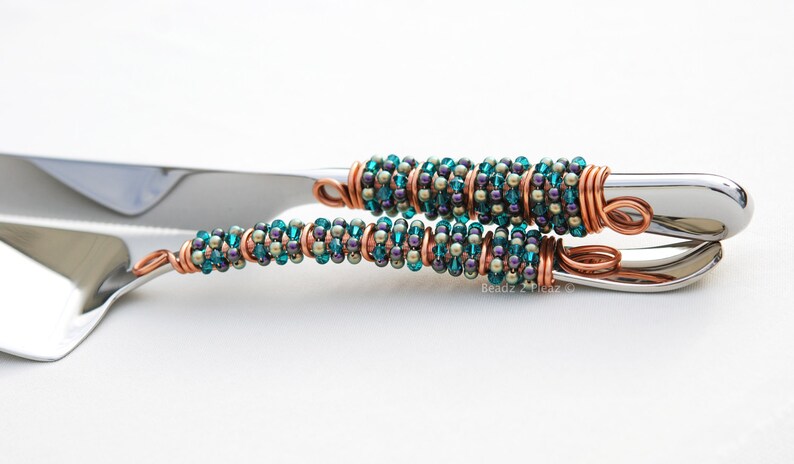 Peacock Wedding Cake Server Knife Set Beaded Cake Cutting Set Etsy