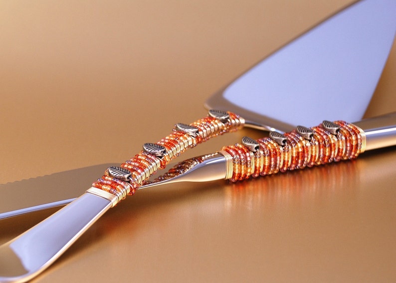 FALL Wedding Cake Knife and Server Beaded Copper Gold Etsy