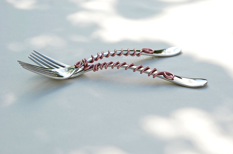 Wedding forks cake fork wire wrapped rose gold wedding fork engagement fork bride groom anniversary shower gift monogrammed wedding decor