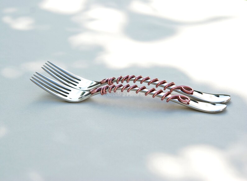 Wedding forks cake fork wire wrapped rose gold wedding fork engagement fork bride groom anniversary shower gift monogrammed wedding decor