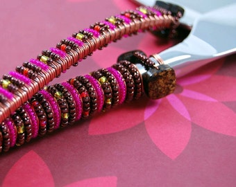 Beaded Cake Serving Set, Wedding Cake Cutting Set, Beaded Flatware, Hot Pink, Chocolate Brown, Lime Green Beads