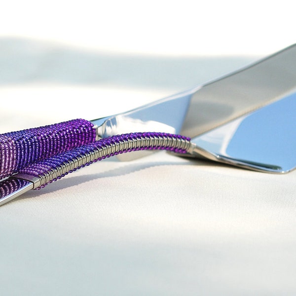 Shades of purple cake knife and server set beaded, wire wrapped bright purple cake cutting set lavender peacock wedding table settings